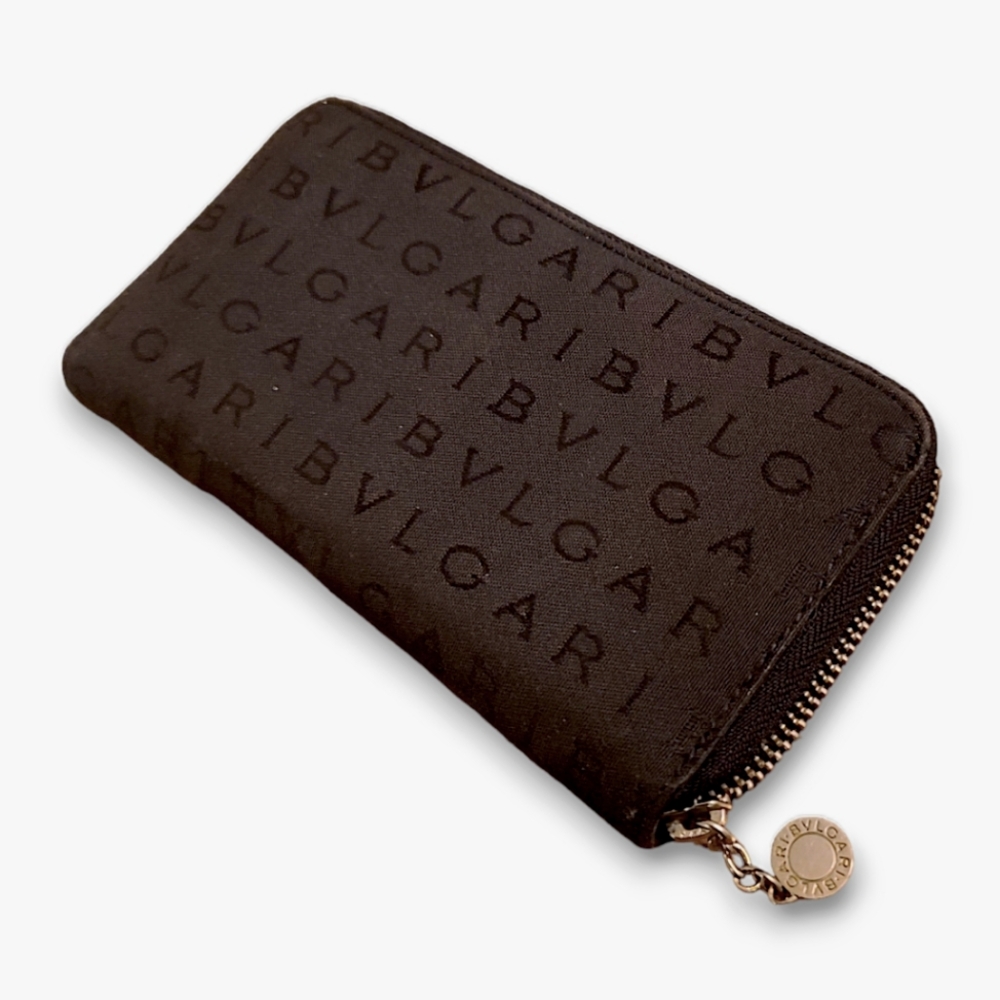 BVLGARI Authentic Black Canvas Zip Around Wallet